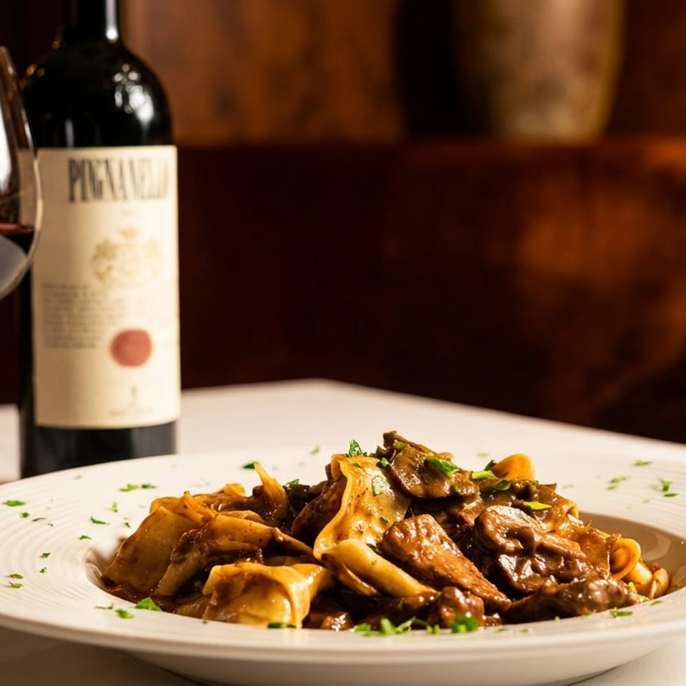 A plate of pasta with mushrooms and meat, a glass of red wine, and a wine bottle.