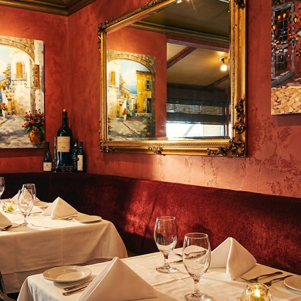 Cozy Italian restaurant interior with red walls, framed art, a gold mirror, and set tables.