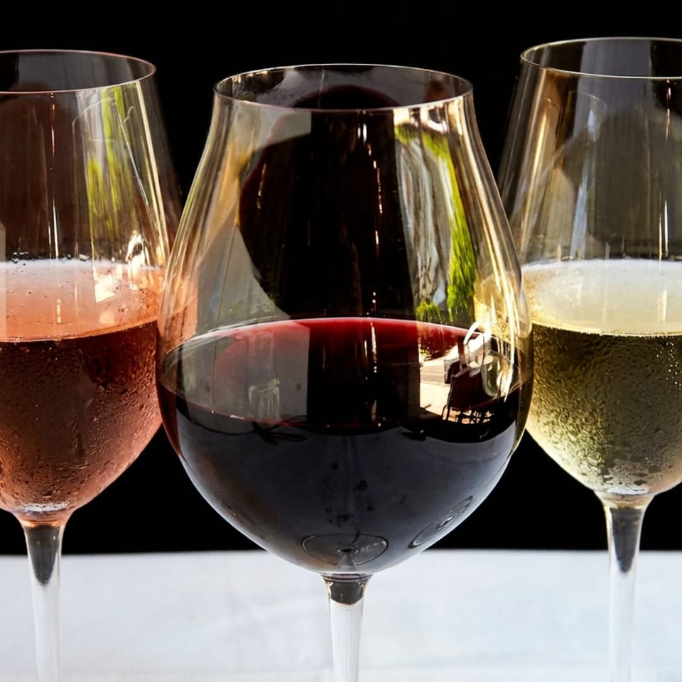 Three wine glasses filled with rosé, red, and white wine, against a dark background.